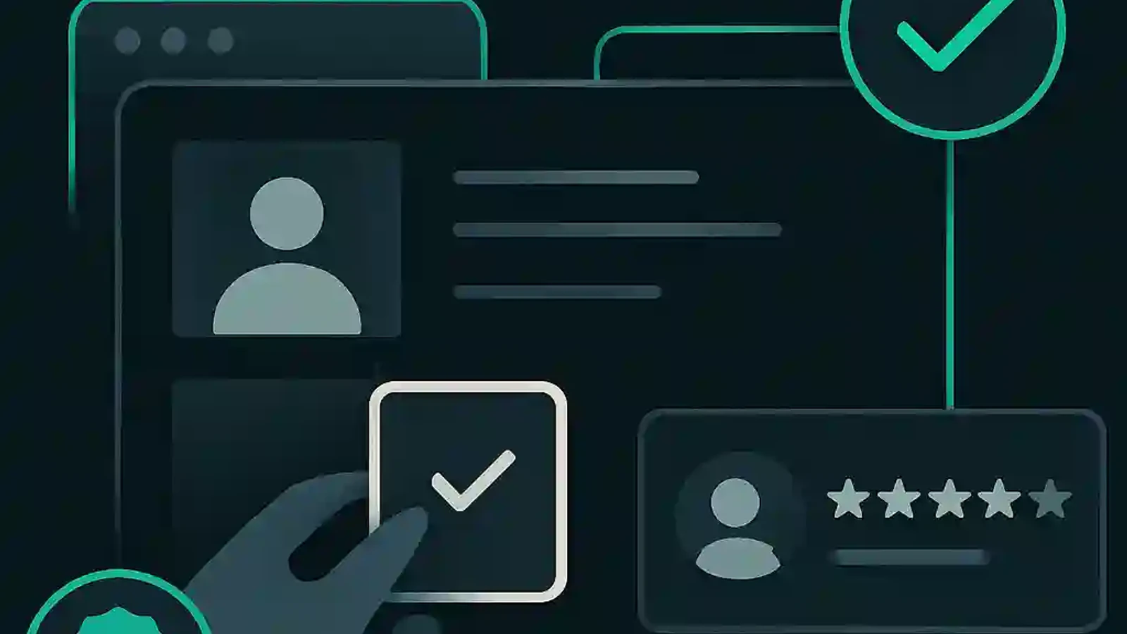 Editorial illustration of a website trust review for a small business site.